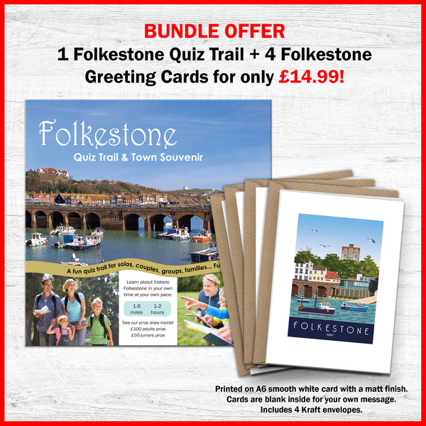Load image into Gallery viewer, BUNDLE OFFER 1 Folkestone Quiz Trail + 4 Folkestone Greeting Cards for only £14.99!

